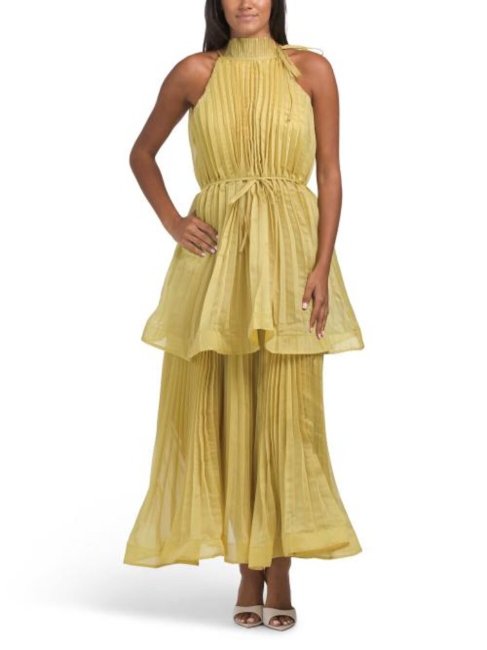 NANCY YANG Pleated Halter Maxi Dress